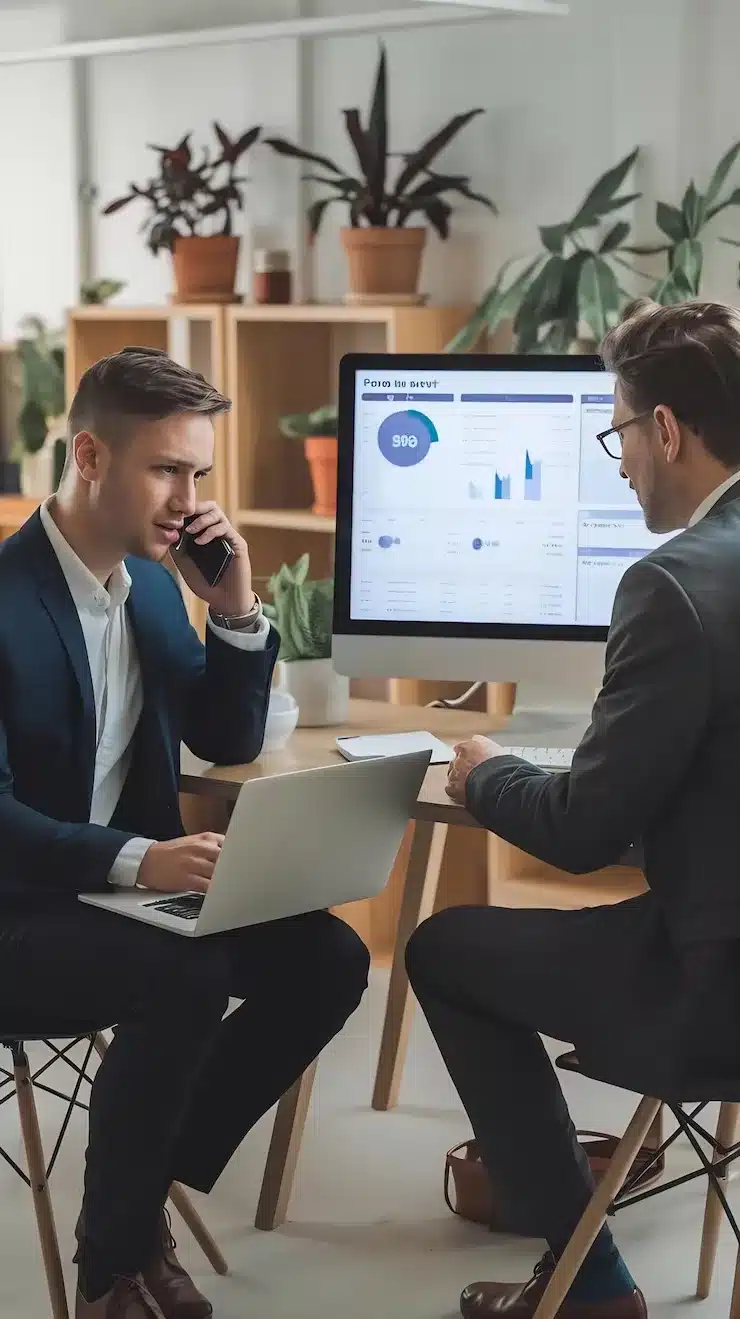 Consulting laptop phone call with financial advisor man office communication trading