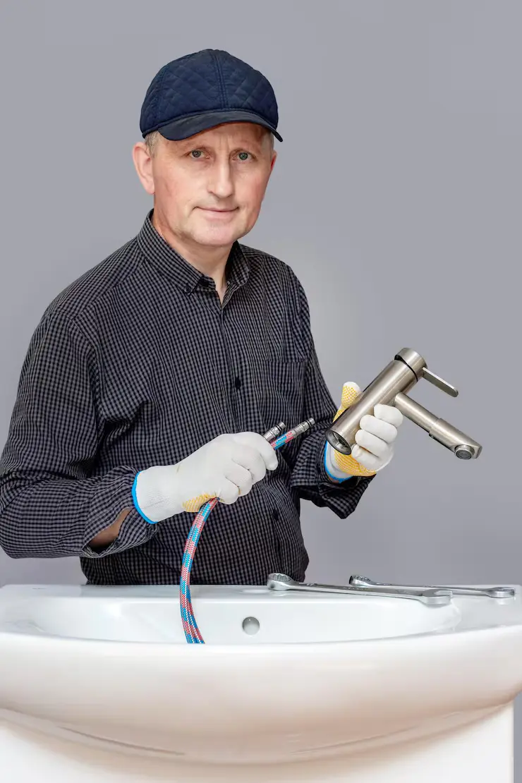 Plumber installs faucet bathroom connects hose faucet