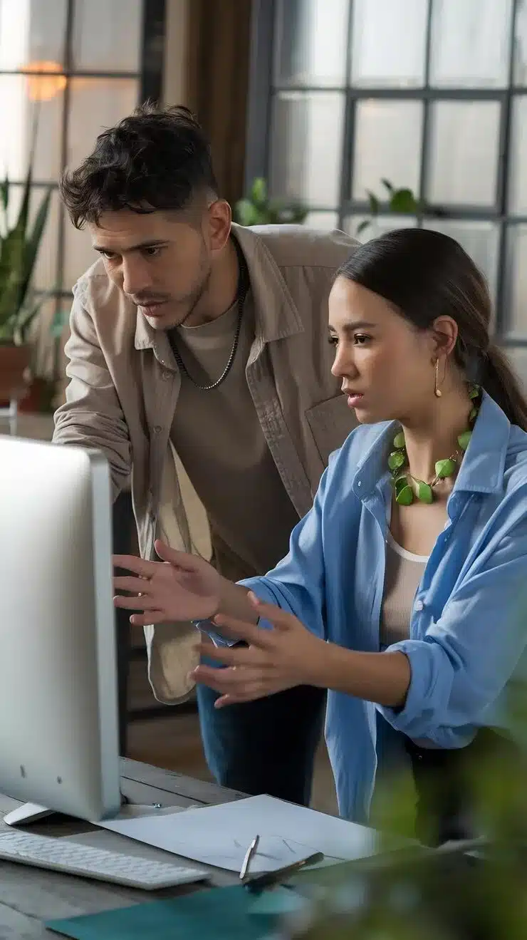 Two stylish employees discussing work related projects computer creative agency loft offic